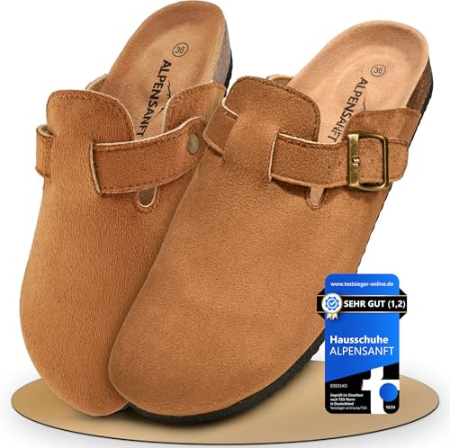 Alpensanft Damen Herren Clogs Hausschuhe mit Riemen Wildleder Braun Korksohle Unisex (36-45) Gepolsterte Echtledersohle (Braunes Wildleder, EU Schuhgrößensystem, Erwachsene, Numerisch, M, 39)