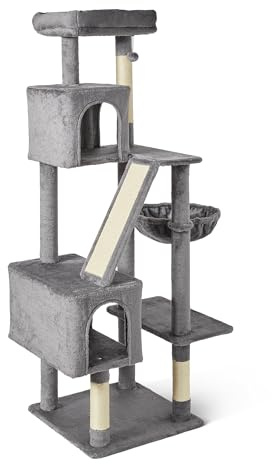 Amazon Basics Árbol para Gatos de Interior, Torre para Gatos de Varios Niveles con rascador, acogedora Hamaca y Perchas para Gatos Adultos, Pelota Colgante interactiva, L – 152,7 cm de Altura, Gris