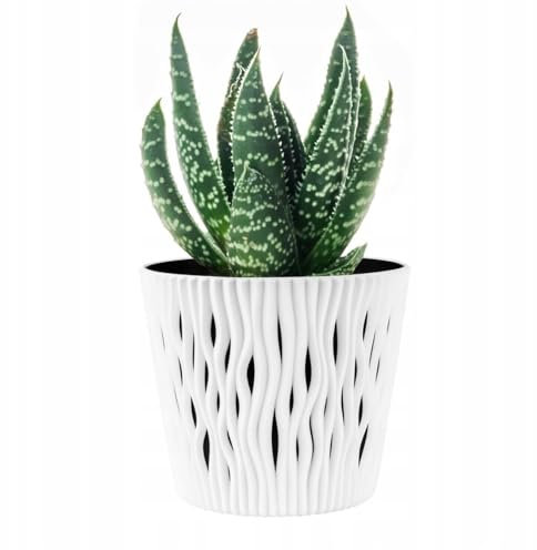 B2C Indoor Plant Pots with Insert Plastic Flowerpot Small Large Planter Home Decor Wavy Grooves Texture Removable insert (White, 13cm)