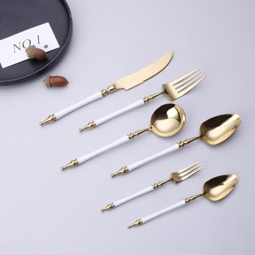 Lyx romersk pelare handtag rostfritt stål bestickset vitguld biffkniv gaffel sked tesked 6 delar matsal silverbestick kit