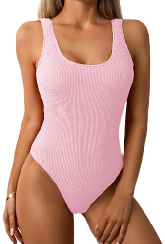Limeeke Women One Piece Swimsuit Ribbed Monokini Swimwear Textured Scoop Neck Low Back Bathing Suit Light Pink S