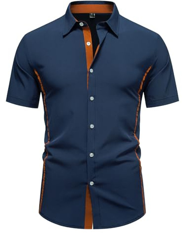 MakingDa Short Sleeve Shirts Men Slim Fit Stretchy Summer Smart Casual Fitted Button Down Shirt for Wedding Party Holiday Beach Business Office-Dark Blue-M