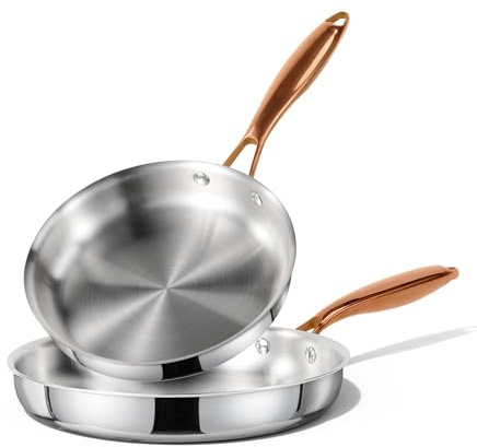 CAROTE 8+10 Stainless Steel Frying Pan Set, Non-Toxic PTFE & PFOA Free Fry Pan & Omelet Pan, Oven Safe, Compatible with Induction, Ceramic, Gas Cooktops, Gold