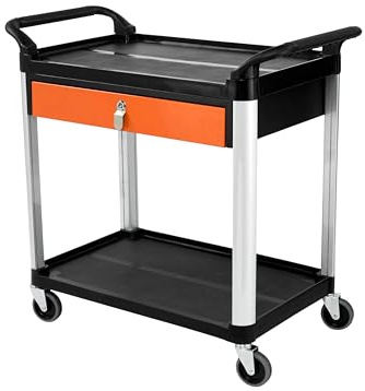 The Workplace Depot Garage Tool Cart – Lightweight Aluminium 2-Shelf, 1-Drawer Trolley with Lockable Drawer & 100 mm Swivel Castors, Mobile Workshop Storage