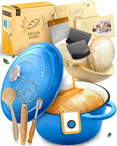 Pentola in ghisa smaltata in set XXL – Stampo per pane con coperchio incluso cestino per la fermentazione, frusta, coltello da panetteria, raschietto per la pasta, ciotola per il pane, ecc. Set
