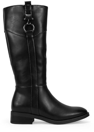 BOSANOVA Botas Altas para Mujer Estilo Bota de Montar de Punta Redonda, Pieza metálica y Suela Plana con tacón de 3.5 cm. Cierre con Cremallera Interior. Calzado para Mujer Negro 36