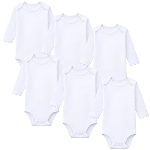 Baby Bodysuits Cotton 6 Pack Long Sleeve White Vests Tops Boy Girl (White Long Sleeve 6 Pack, 0-3 Months)
