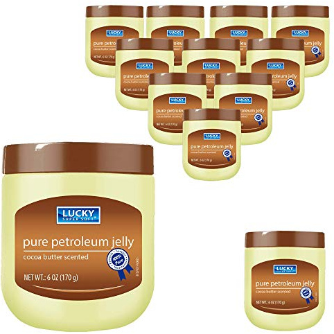 Lucky Super Soft Small Petroleum Jelly for Dry Skin, Skin Protectant Jelly Forms Water-Resistant Barrier Against Moisture to Protect Cuts, Scrapes and Burns, 12-Jar Pack 6 Oz Each Cocoa Butter