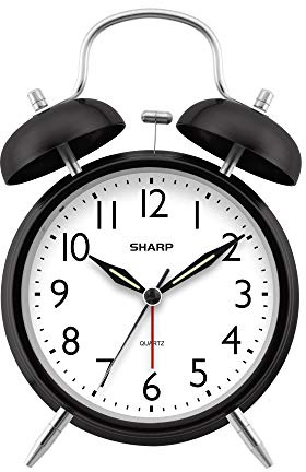 Sharp Sveglia a doppia campana, sveglia ad alto volume, ideale per chi dorme pesantemente – Orologio analogico al quarzo a batteria (nero mezzanotte)