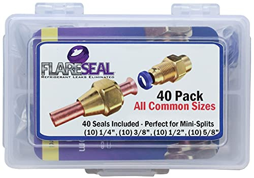 FlareSeal Leckfreie SAE Flare Fitting Kältemittelleckagen beseitigt – Kühlung, HVAC, Ductless, Schrader-Ventil oder Mini-Split-Anwendungen (1/4 Zoll, 3/8 Zoll, 5/8 Zoll, 40 Stück Starter-Set)
