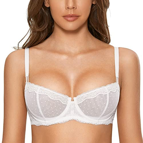 DOBREVA Women's Sexy Lace Balconette Bra Unlined Underwire Open Half Cup Bra See Through Sheer Balcony Bra White 34DD