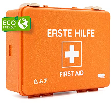 100% recycelter Erste-Hilfe-Koffer DIN 13157 Eco aus Holzstaub | Nachhaltiger Erste Hilfe Kasten MADE IN EU inkl. Nachfüllset und Wandhalterung | Verbandkasten für Betriebe, Unternehmen und Zuhause
