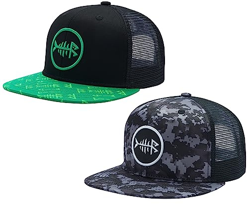 Bassdash Paquete de 2 Gorras de Camionero de ala Plana Ajustable Snapback Sombrero de Malla Trasera para Hombres Mujeres Pesca Caza