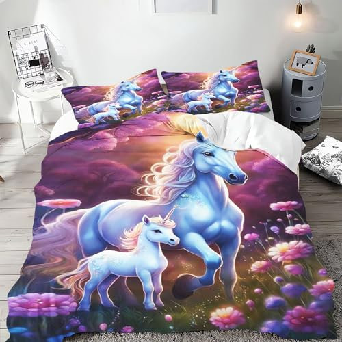 SMchwbc Pferde Bettwäsche 135x200 Pferd Mädchen Kinder Pferdebettwäsche Pferde Bettbezug Set Weiche Mikrofaser Pferde Bettwäsche Set Mit Reißverschluss Und 2 Kissenbezügen (140 x 210 cm,2)