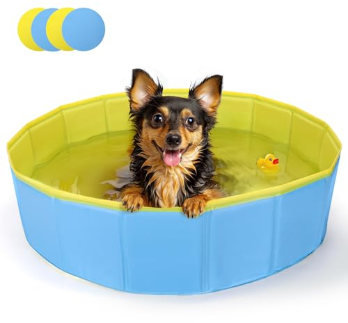 Nobleza Hundepool für Große & Kleine Hunde, Faltbarer Hunde Planschbecken, Stabile Hundebadewanne, Swimmingpool für Katzen, 80 * 20cm, S, Blau & Gelb