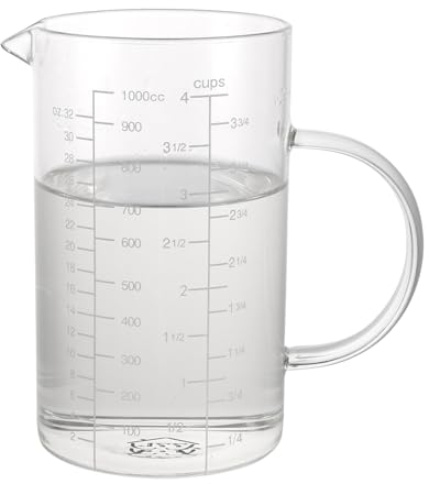 APACALI 1 verre doseur en verre transparent de 1 l avec poignée, facile à lire avec 3 graduations de mesure (ml/oz/tasse), verre doseur transparent pour lait, café, chaud, ustensiles de cuisine et