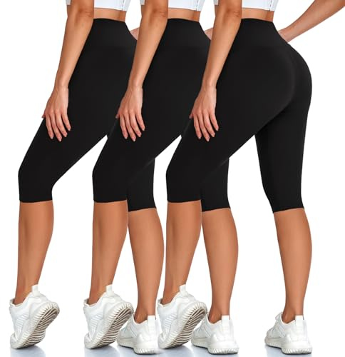 High Waisted 3 Pack Women's Capri Pants - Knee Length Yoga Shorts, Biker Workout Leggings for Women,Summer Activewear Black/Black/Black