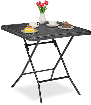 Relaxdays Gartentisch Holz-Optik, quadratisch, HBT: 74x78x78 cm, Balkontisch, Kunststoff, Metall, Outdoortisch, schwarz