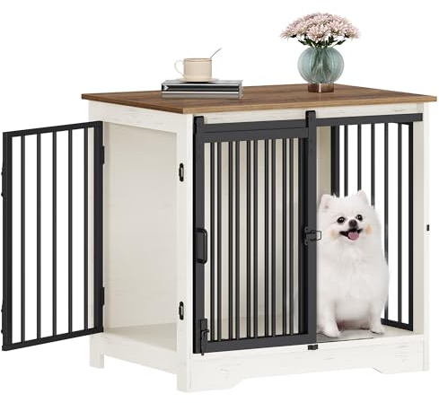 Hzuaneri Dog Crate Furniture, 69 cm Double Door Wooden Dog Crate with Barn Door, Indoor Kennel, End Side Table Wooden Animal Crates for Small Dogs, Anti-Chew Anti-Escape, White Brown DFC84314B