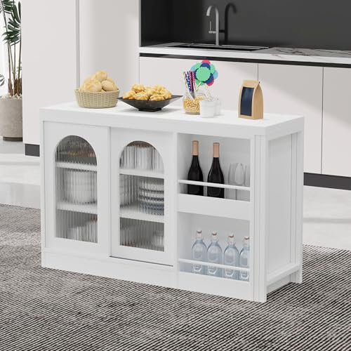 MOBETTRES Moderner Bartisch, Ausziehbar 360° Drehbare Bartisch Mit Stauraum, Reversibel Tisch Sideboard Bar Mit Glasschranktür, Bar Tisch Für Küche Kaffeebar Möbel (Weiß)