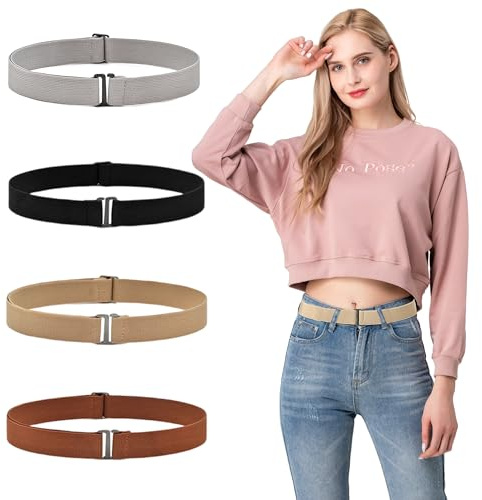 HXSYKJDM 4Pcs Invisible Elastic Belts, Flat Buckle Belt, Adjustable Stretch Belt with Flat Buckle No Show Waist, Adjustable Elastic Belts for Jeans Pants Dresses