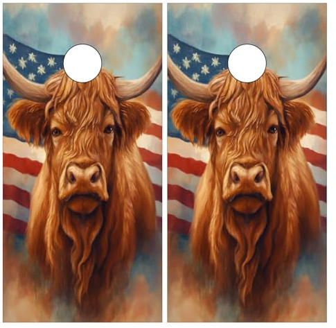 Corn Hole Wraps Vinyl Skins for Game Boards 2x4 & 2x3 Self Adhesive PET Stickers Lawn Toss Set Cover Graphics Corn Hole Board Decal Weatherproof Laminated Surface 2 Piece American Cow