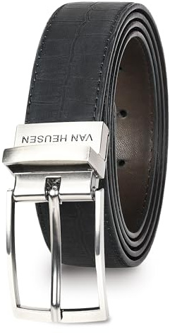 Van Heusen Mens Reversible Leather Belt with 2 Textures, Stylish Black Brown Dress Belt for Casual or Jeans, Cut for Fit