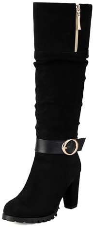 Lroey Reoly Femme Talon Bloc Hauts Botte Haute Jusqu'Au Genou avec Plateforme Bout Rond Slouch Cx889 Noir Taille 33 EU