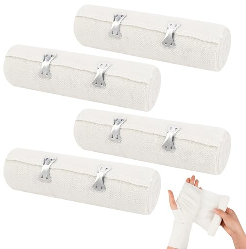 4 Pezzi Benda Elastica, 15 cm x 4,5 m Fascia di Fissaggio con clip in metallo, Bende Traspiranti e Estensibili, Bendaggio di Garza Sportivo per Polso, Ginocchio, Supporto a Caviglia Braccio