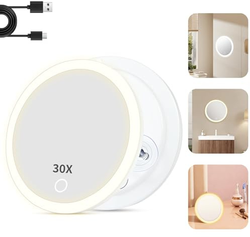 Alaoo Specchio Ingranditore 30X con Luci, Luminosità Regolabile, Specchio per il Trucco da Parete, Ricaricabile Portatile Specchio, Adatto per Camere da Letto e Bagni
