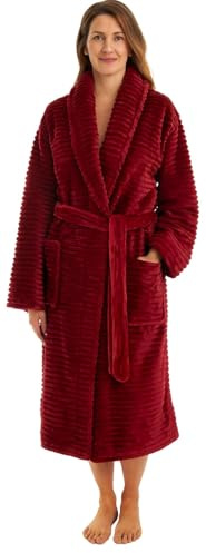 Adore Home Ladies Extra Warm Dressing Gown – Luxurious Ribbed Fleece Bathrobe with Cosy Sherpa Lining, Wine, 4-5XL