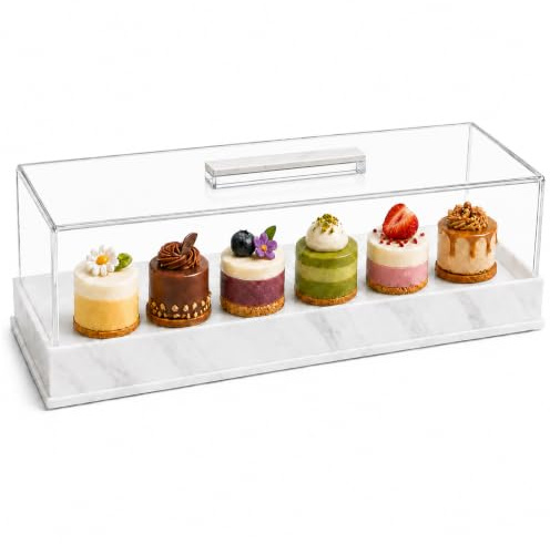 1 Pack Acrylic Cake Tray with Lid, White Marble Cake Stand Display Case | 14 x 5 x 3.5 in covered tray for loaf cakes, cookies, rolls, fruit, snacks, parties, and countertop display.