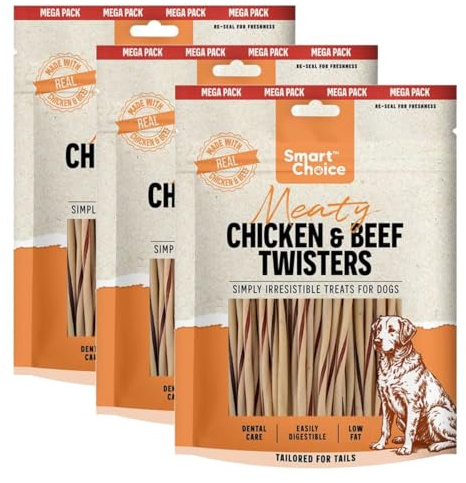 Set of 3 Chicken & Beef Twister Dog Treats Made with Real Chicken, Low Fat Dental Care Training Rewards, Easy Digest Chewy Snacks in Resealable 300g Pack Approx 60 Pieces - Mega Pack