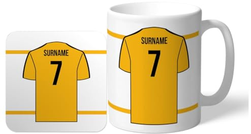 Personalised 'Back of Shirt' 11oz Mug & Coaster Set for Wolves Supporters, with Club Colours, Ideal for Wolves Fans