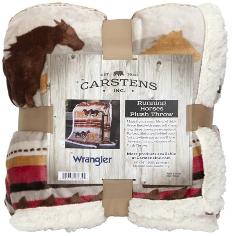 CARSTENS, INC. Wrangler Running Horse Country Sherpa Fleece Throw Blanket, Brown, One Size