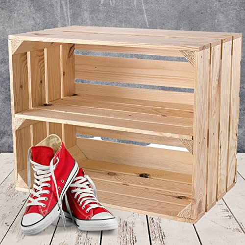 Caja de fruta natural con estante intermedio, 50 cm x 40 cm x 30 cm, cajas de vino naturales, sin tratar, caja de madera, como estante de pared, cajas decorativas estables para pasillo/salón