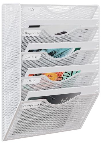 EasyPAG 5 Compartimento Metal A4 Soporte Revistas Pared Oficina Archivador de Pared Organizador Documentos Correo Pared Almacenamiento Archivos Revistero,Blanco