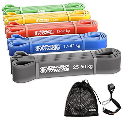 Resistance Bands Set 5 levels Pull Up Assist, Exercise Fitness Thick Latex Long Loop. Stretching, Gym, Strength. Door Anchor & Carry Bag for Men & Women