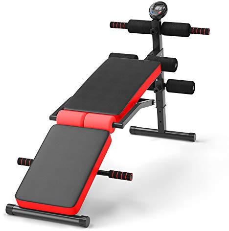 Maxmass Sit Up Bench, Adjustable Full Body Workout Machine with LCD Monitor, Folding Fitness Weight Bench for Home and Gym (Red)
