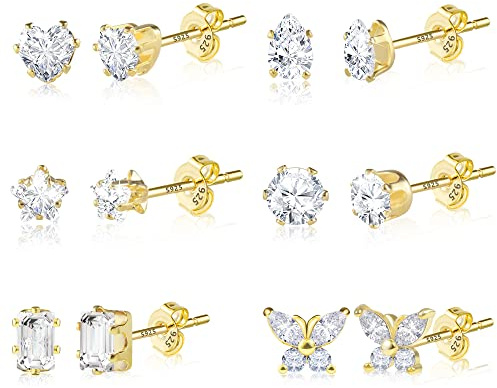6 Pares Pendientes Mujer Poste Oro 14K Circonita Estrella Corazón Mariposa