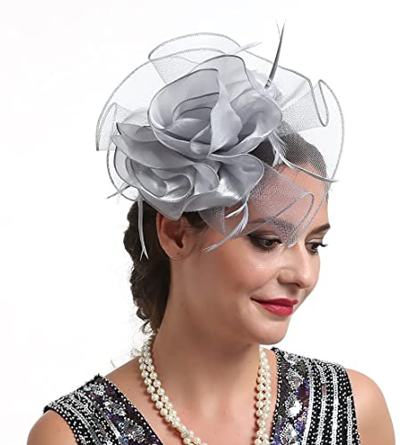 TOPOQ Silver Grey Fascinators for Women Wedding Fascinators Tea Party Hat Flapper Pillbox Fascinator Hat Derby Ascot Hat with Headband Hairclips Headdress Headpieces