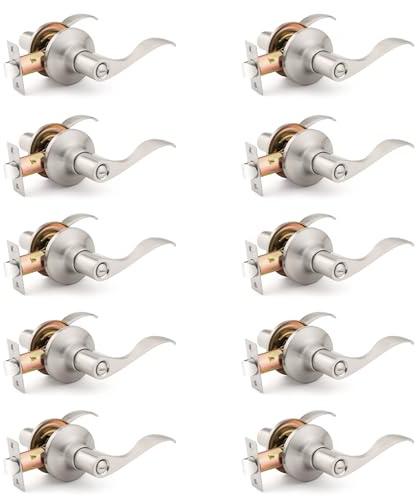 Mengico 10 Pack Satin Nickel Privacy Door Lever, Modern Interior Door Knobs Locks for Bedroom and Bathroom, Heavy Duty Door Handle, Reversible Wave Lever Handle