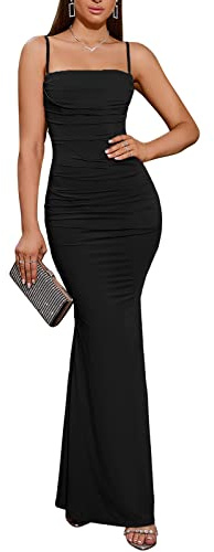 EYNMIN Women's Sleeveless Bodycon Corset Maxi Dress Spaghetti Strap Ruched Elegant Evening Wedding Guest Long Formal Dresses Black S