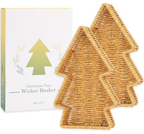 myHomeBody Christmas Tree Wicker Basket, Decorative Snack Tray, Appetizer Serving Tray and Platters, Set of 2