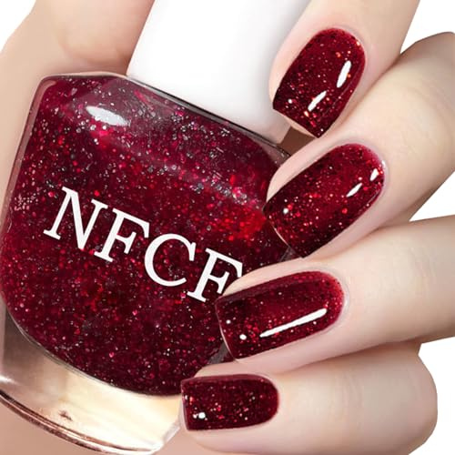 Glitter Nail Polish - Wine Red Burgundy Varnish - Long Lasting Chip Resistant & Quick Drying for DIY Nail Art Manicure at Home