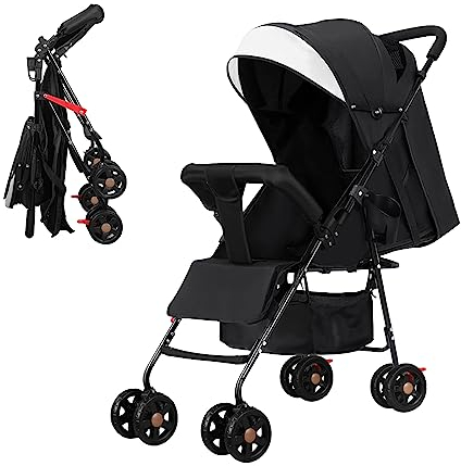 Vinteky 2 in 1 Kinderwagen, Klappbar Liegeposition Buggy mit 5-Punkt-Sicherheitsgurt, Teleskopgriff zum Ziehen Kinderbuggy, Tragfähigkeit bis zu 15KG, Ab 0-36 Monate, Schwarz