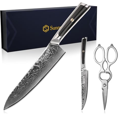 Sunnecko 3PCS Damastmesser Küchenmesser Set Messer Set - Damast Messer Scheren Kochmesser Profi Messerset Damaszener Stahl Küchenmesser Küchenschere Set,vatertagsgeschenk für papa