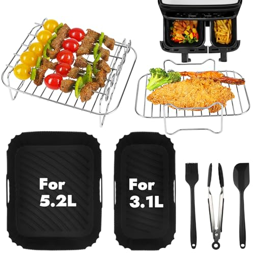 BYKITCHEN Airfryer Zubehör für Tefal Dual Easy Fry Heißluftfritteuse Doppelkammer, 5,2/3,1 L, 7 Stück Inklusive Silikon Backform & grillrost, Heißluftfritteuse Zubehör für Tefal EY9018