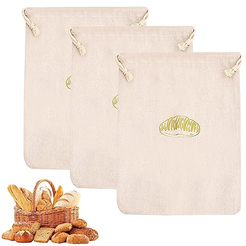 3Pcs Sacs de Stockage Pain Écologique Réutilisables en Lin, Sac Rangement Pain Conservation, Sac Pain Large Tissu Naturel, Sac de Baguette Alimentaire pour Pain avec Cordon de Serrage