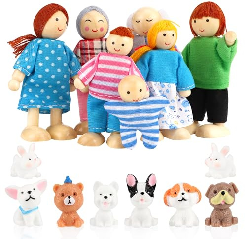 YiliYa Set di Bambole in Legno per Famiglie,15 Pezzi Casa Delle Bambole in Legno con Gatto e Cane Figure per Casa Delle Bambole Happy Family Dolls per Giochi di Ruolo Accessori Regalo